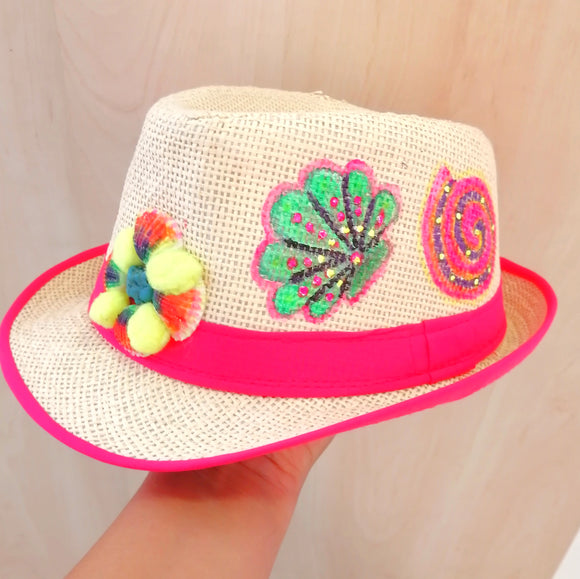 pink straw hat starfish shells hand painted