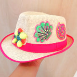 pink straw hat starfish shells hand painted