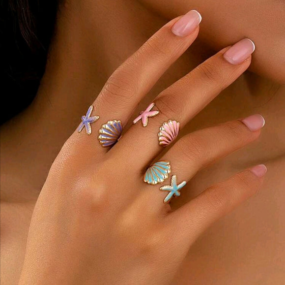 Beach Style Starfish & Shell Open Rings