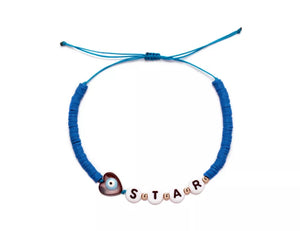 Unique Vinyl Heishi Discs Beads Blue star Evil Eye Stretch Bracelet