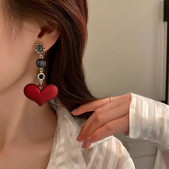 Retro Long Tassel Acrylic Spherical Red Heart Pendant Earrings