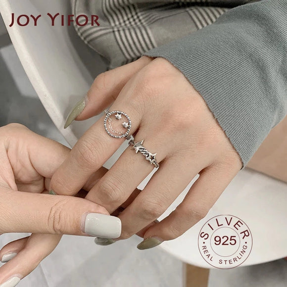 925 Sterling Silver Smooth Rings For Women smile face star open rings
