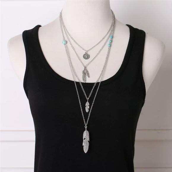 multilayer coin feather long chain necklace