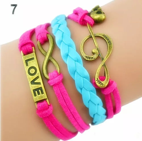 Fashion Braided Multilayer pink blue Bangles Love Music note Leather Bracelet