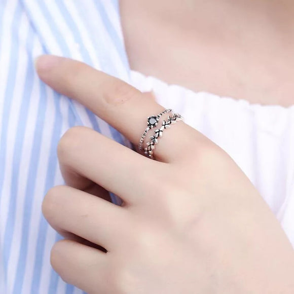 925 Sterling Silver Rings For Women Obsidian Leaf Double Layer