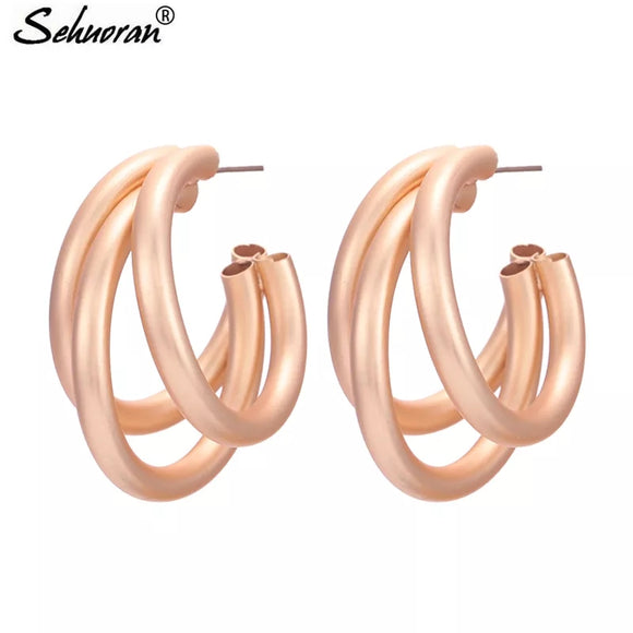 Three Round Hoop Earrings For Woman Gold Mat Color Big Earrings Bohemian