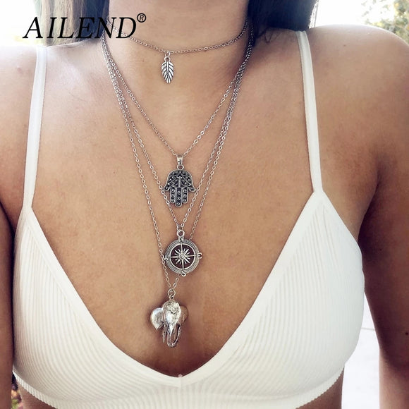 Hamsa elephant leaf sun multilayer silver necklace