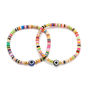 Unique Vinyl Heishi Discs Beads Black Blue Evil Eye Stretch Bracelet