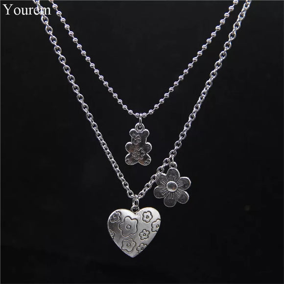 Stainless Steel Chain Vintage Punk Flower Bear Heart Pendant Necklace