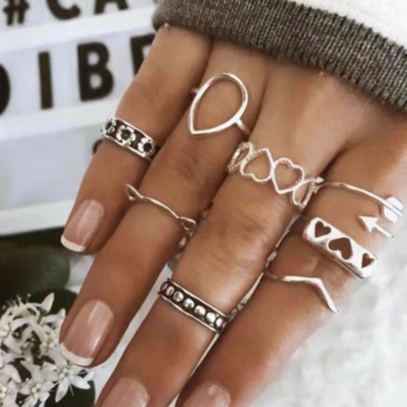 Tocona 9pcs/sets Vintage Silver Color Men Rings for Women Lovely Cat Hollow Heart Arrow Wave Geometry