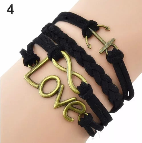 Fashion Braided Multilayer black Bangles Love anchor Leather Bracelet