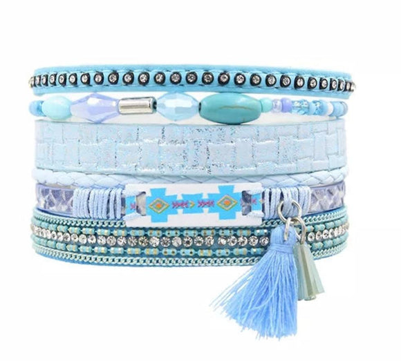 Ethnic tassel multilayer leather magnet blue bracelet