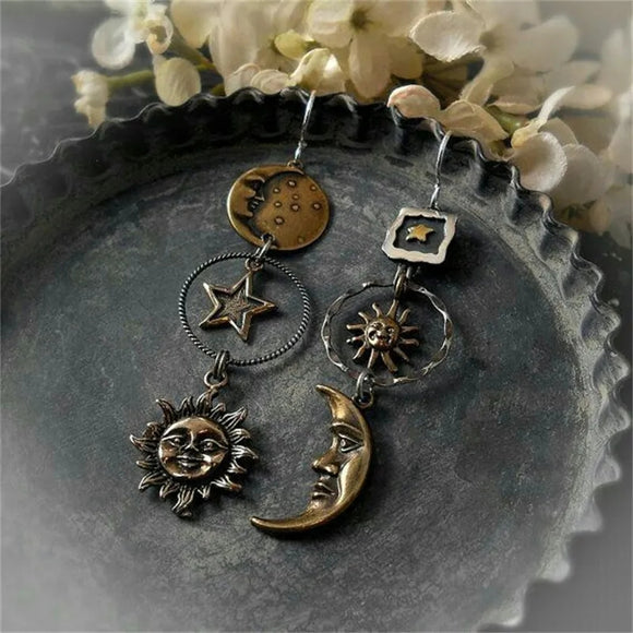 Greek mythology face sun moon drop earrings