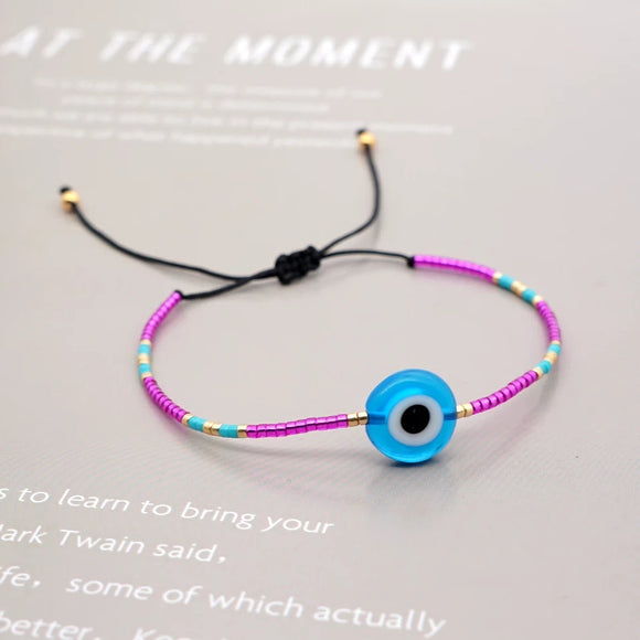 Blue evil eyes pink miyuki beads handmade bracelet