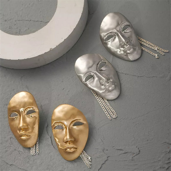 Unique portrait Design Punk Metal Chain Tassel Face Stud Earrings For Women