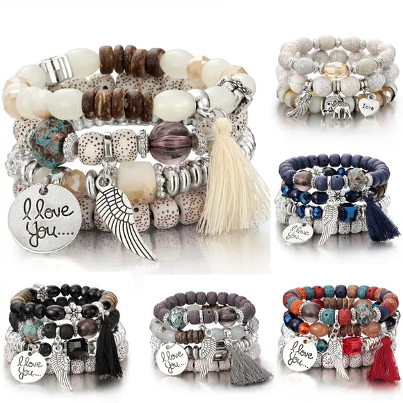 4pcs/set Fashion Multilayer Crystal Lava Stone Beads Wing Tassel Bracelets & Bangles