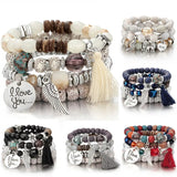 4pcs/set Fashion Multilayer Crystal Lava Stone Beads Wing Tassel Bracelets & Bangles