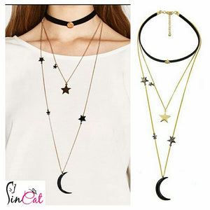 Three layer  moon star choker necklace