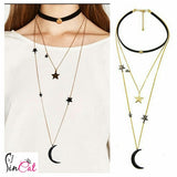 Three layer  moon star choker necklace