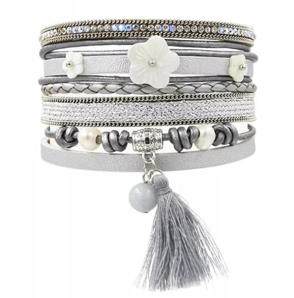 PU leather multilayer gray plated shell flower magnet bracelet