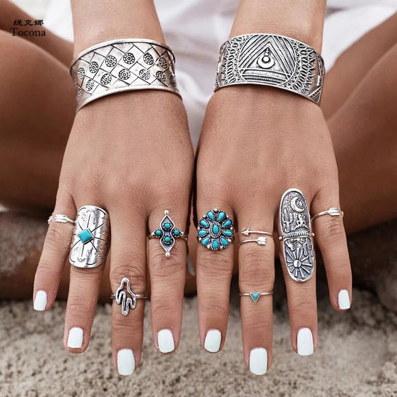 Tocona 9pcs/Set Bohemia Antique Silver Color Arrow Moon Pattern Sunflower Rings Sets
