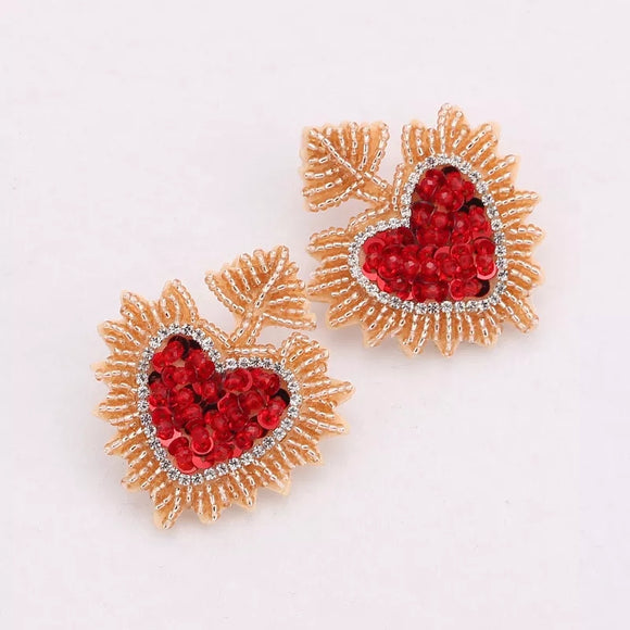 Red Gold crystal Beads handmade  Heart Drop Earring