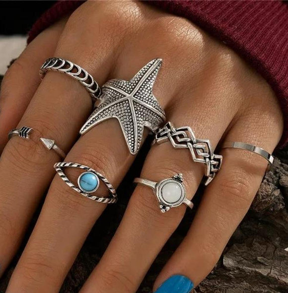 Tocona 7pcs/sets Bohemian Starfish Arrow Joint Ring Sets
