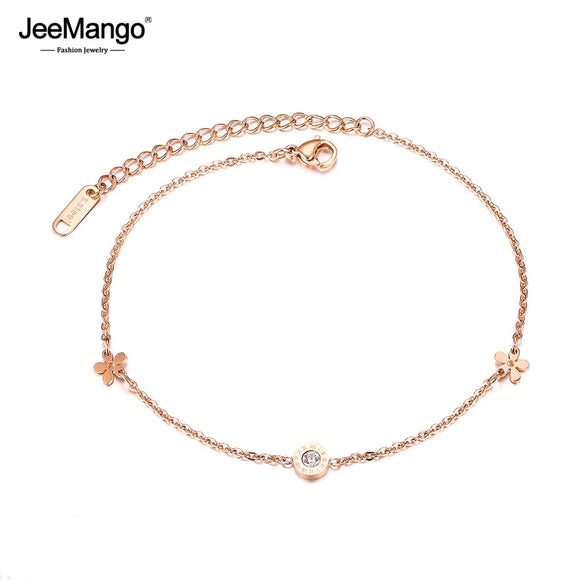 Titanium Steel Bohemia Beach Chain Link Anklets For Women Girls Roman Numerals Flower Charm Anklet