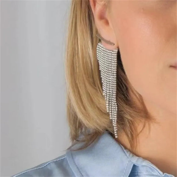 Fashion statement long tassel silver crystal drop earrings