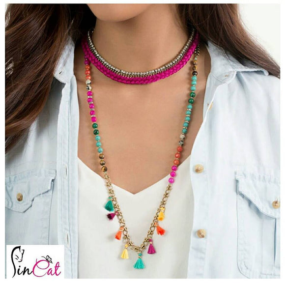 Boho long necklace with colorful tassels