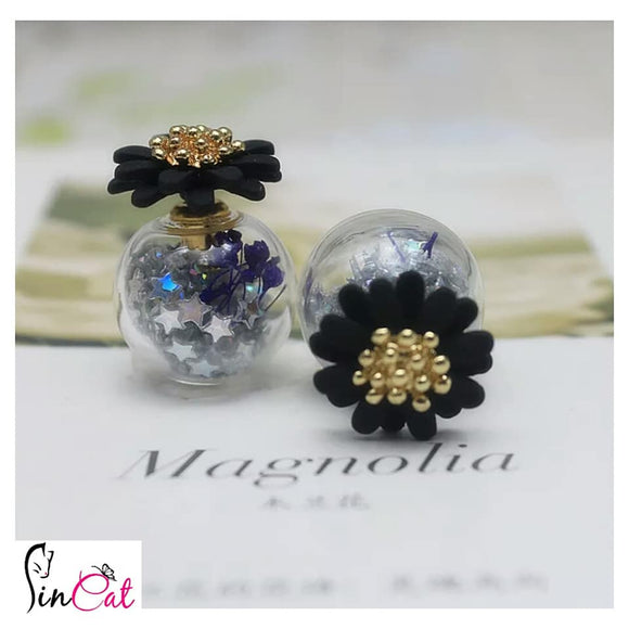 Black daisy flower glass earrings