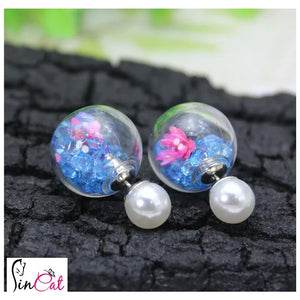 Blue beads flower stud glass earrings