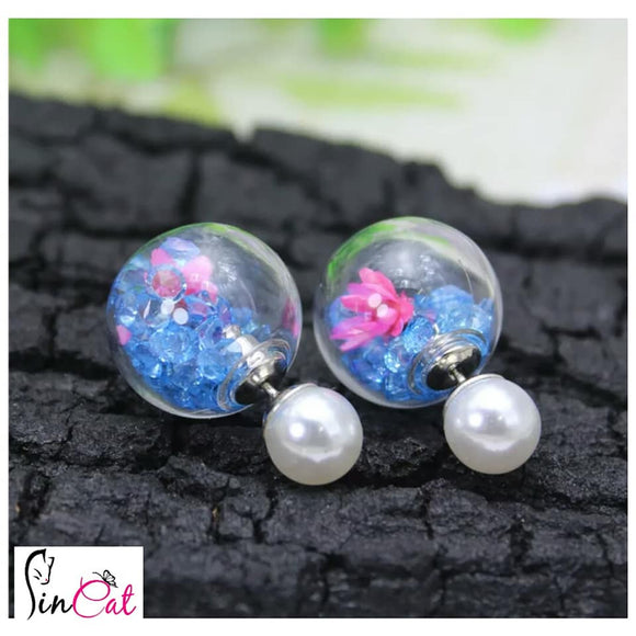 Blue beads flower stud glass earrings
