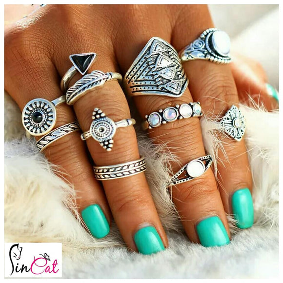 Leaf stone knuckle rings set