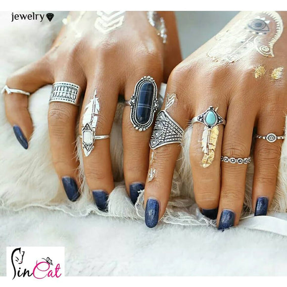 Black big stone boho rings set
