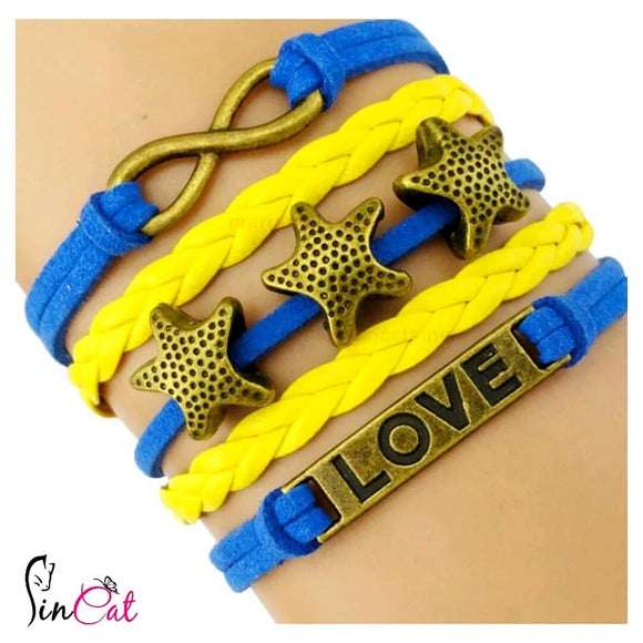Yellow blue love leather bracelet