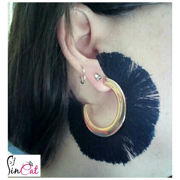 Cotton fringed black tassel earrings