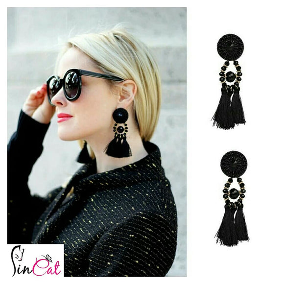 Long black fringed Earrings with tassels