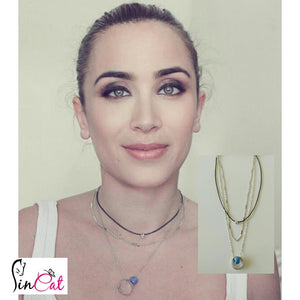 3 layers silver necklace with blue stone