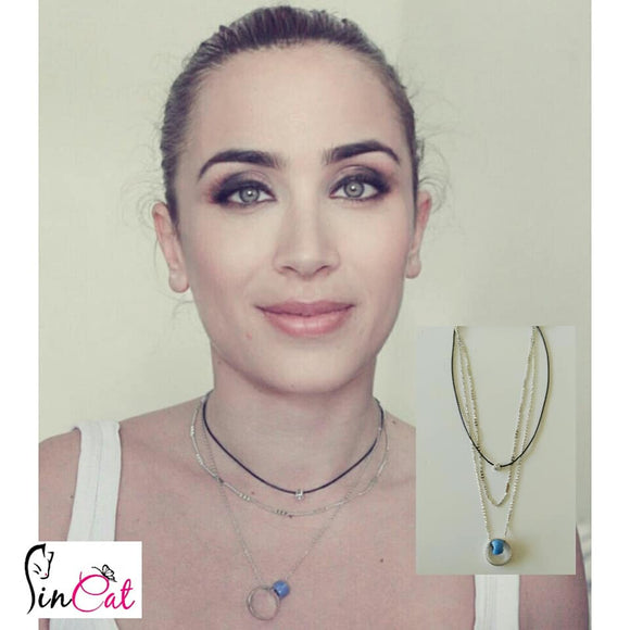 3 layers silver necklace with blue stone