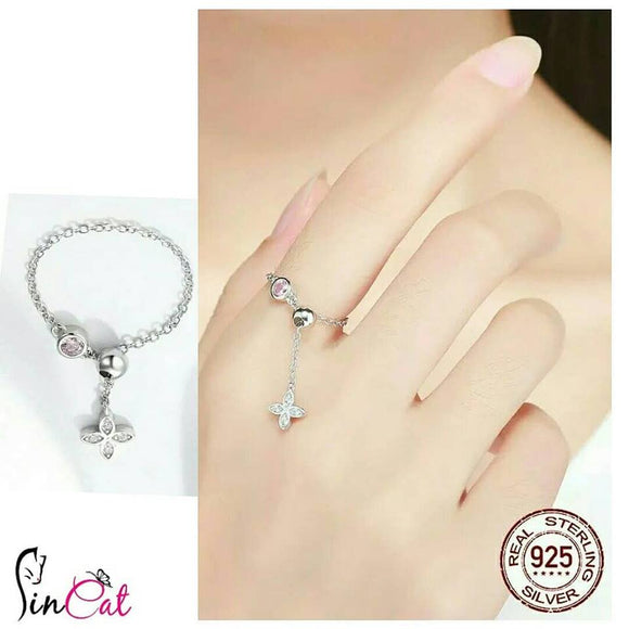 Authentic 925 Sterling Silver Flower Chain Ring