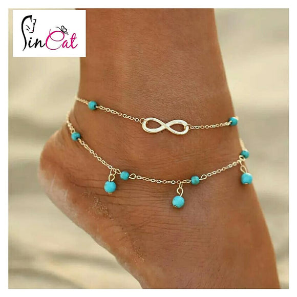 Golden Double layer pendant anklet with blue stones