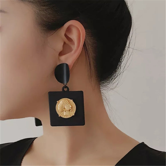 Metal Black Square Portrait Drop Earrings