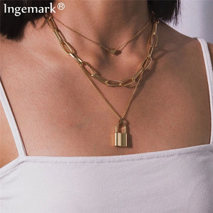 Multi Layer Lover Lock Pendant Choker chain Necklace