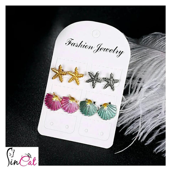 Colorful shell starfish stud earrings set