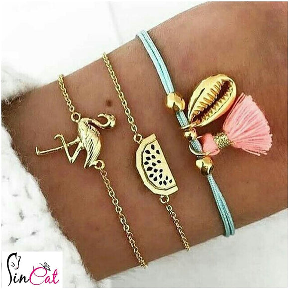Flamingo shell  pink tassel set of bracelets