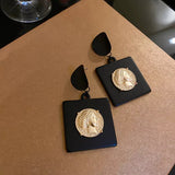 Metal Black Square Portrait Drop Earrings