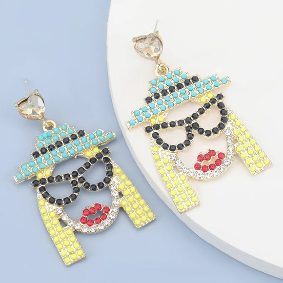 Multicolor Human Face Rhinestone Pendant Ladies Statement Earrings