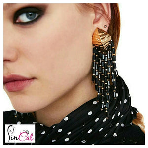 Black crystal beads long earrings