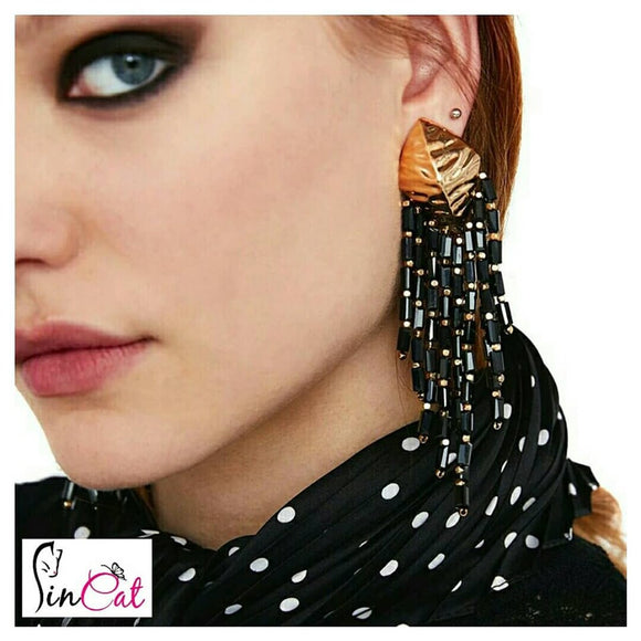 Black crystal beads long earrings